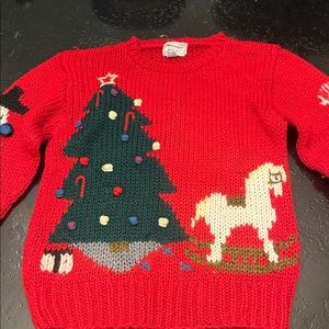 Red Holiday Sweater with Christmas Tree and White Horse
